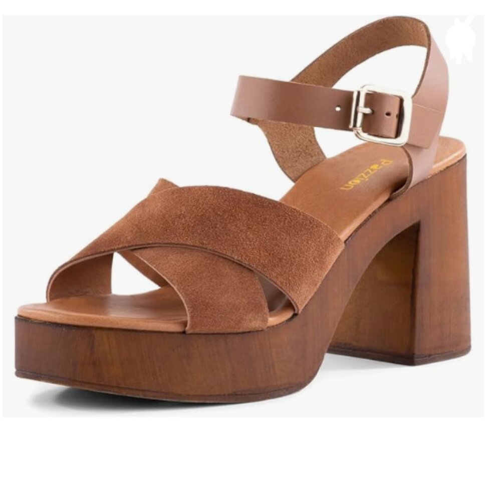 Pazzion Brown Crossed Strap Buckle Platform Chunky High Heel Open Toe Sandals